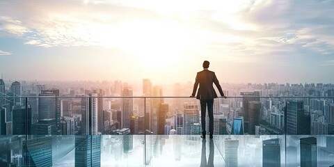 Fototapeta premium Visionary businessman success in modern cityscape. Skyline strategist. Successful contemplating ideas against urban backdrop. Executive reflections. Business leader into future city skyscrapers