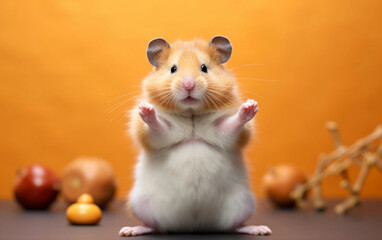 Obraz premium Funny and cute hamster doing yoga on the yellow background