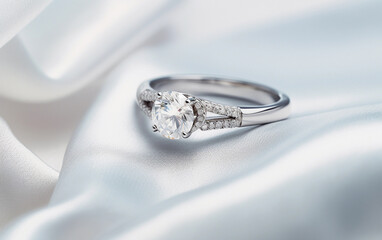 White gold engagement ring with solitaire dimond on the white satin background. Proposal of marriage