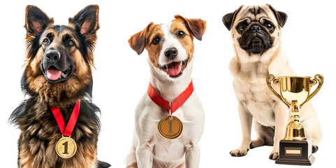 German Shepherd with a gold medal for winning a dog competition. Dogs with golden trophies. Isolated on a transparent background.