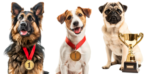German Shepherd with a gold medal for winning a dog competition. Dogs with golden trophies. Isolated on a transparent background.