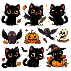 Fotobehang Cute and creepy black cats illustration. Autumn stickers with scary cartoon characters. Halloween collection in hand drawn style © foody