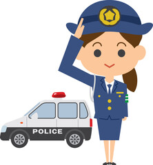 敬礼する婦人警官とミニパトカーのイメージイラスト