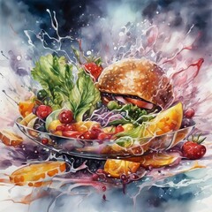 watercolor painting of fresh healthy food, stylized, detailed, splash