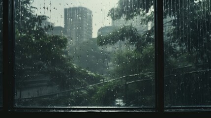 A View of a City Through a Rainy Window