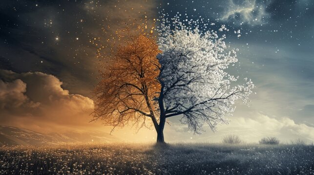 Equal length of day and night during the equinox, day and night equinox time change concept.