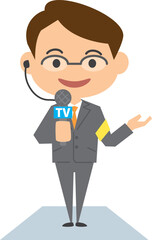 現場で説明をしている男性リポーターのイメージイラスト