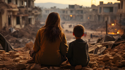 View of a child and a woman sitting in front of a poor area street in Morocco