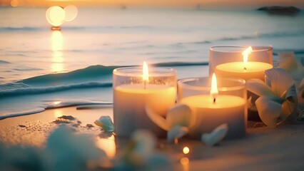 Closeup of a tranquil scene of candles tered on the sand, with a peaceful soundtrack of ocean waves crashing.
