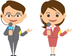 現場で説明をしているリポーターのイメージイラスト（男女セット）