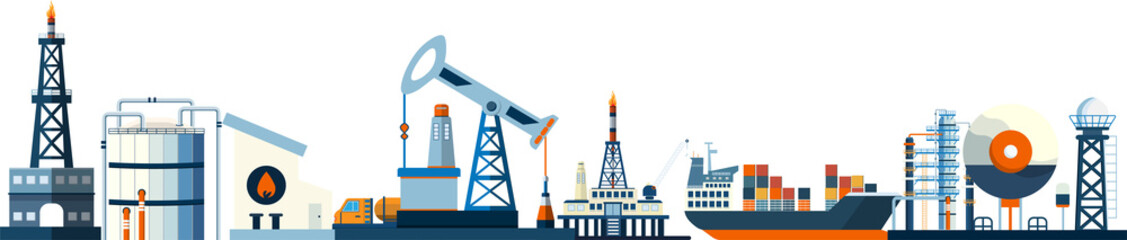Gas and oil industry platform Banner with Outbuildings, Oil storage tank and more. Poster Brochure Flyer Design, Png Illustration - obrazy, fototapety, plakaty