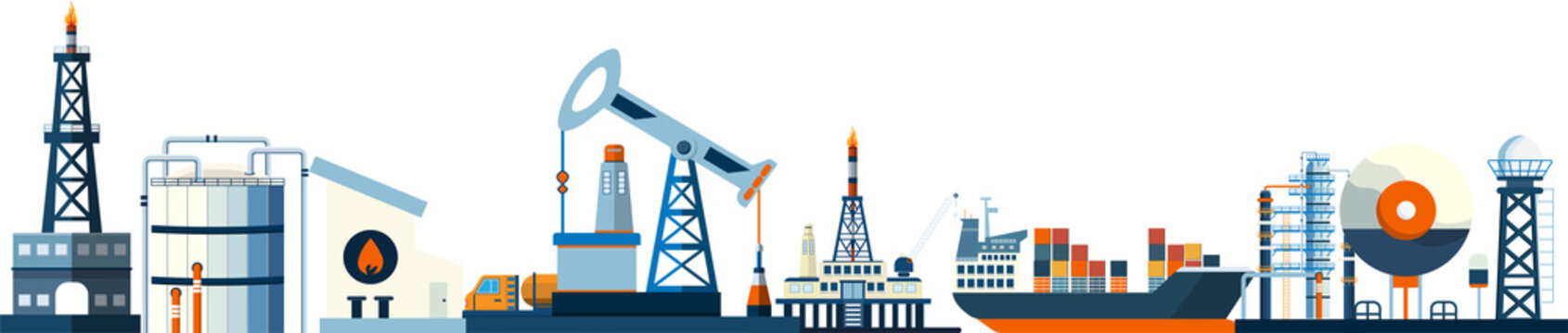 Gas and oil industry platform Banner with Outbuildings, Oil storage tank and more. Poster Brochure Flyer Design, Png Illustration