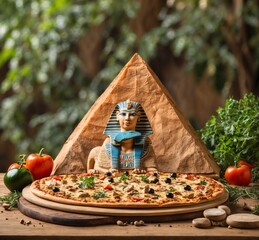 Pizza with the figure of a mummy on a wooden table.