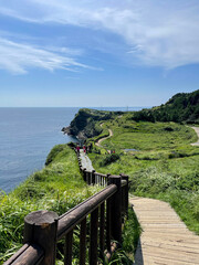 Clear skies, seas and cliffs. Meadows on the island. Beautiful natural scenery