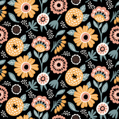 Floral Seamless Pattern of Flowers and Leaves in five Colors Yellow, White, Pink Peach, Grey Green on Black Backdrop, Wallpaper Design for Textiles, Papers Prints, Fashion Backgrounds, Beauty Products