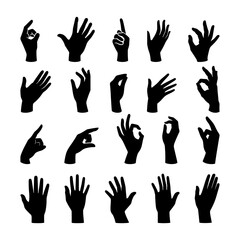 A collection of various vector silhouettes of hands and gestures on a white background.