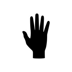 Silhouette of a black open hand with five fingers, vector illustration on a white background, used as a universal gesture for pointing or greeting.