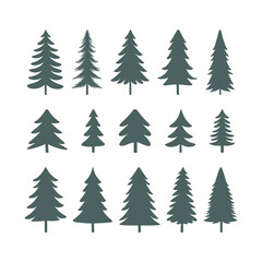 Obraz premium Vector set of stylized Christmas trees of different shapes and sizes in shades of green on a white background.