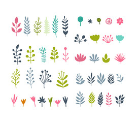 Color vector illustration with a set of various stylized plants and flowers in pastel colors on a white background.