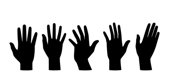 A row of silhouettes of raised hands with outstretched fingers, black icons on a white background.
