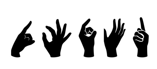 Fototapeta premium Image of five vector silhouettes of different hands with gestures on a white background.