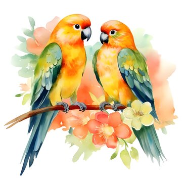 recommend clip art: Cute couple sun conure on a branch with flower pastel watercolor,AI generated.