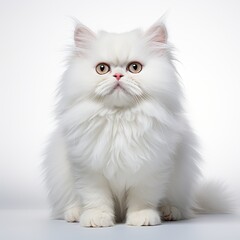 Fototapeta premium image White Persian cat sitting on white background, cat cute portrait focused lighting