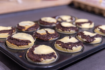 Close-up of fresh homemade Chocolate-Cheesecake Muffins