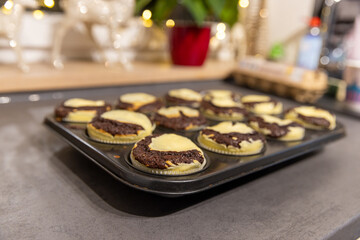 Close-up of fresh homemade Chocolate-Cheesecake Muffins
