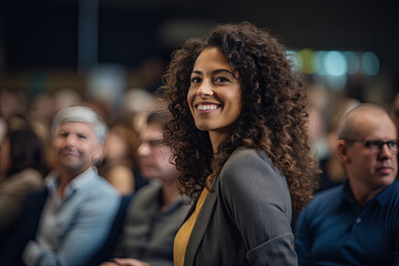 Latino speaker presenting to a business audience, at a crowded conference, voicing her opinion, public speaking, keynote communication, leadership on stage, influence and address group - obrazy, fototapety, plakaty