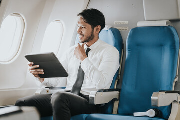 Asian businessman in an airplane, intently engaged with a tablet, potentially working or reading while traveling.