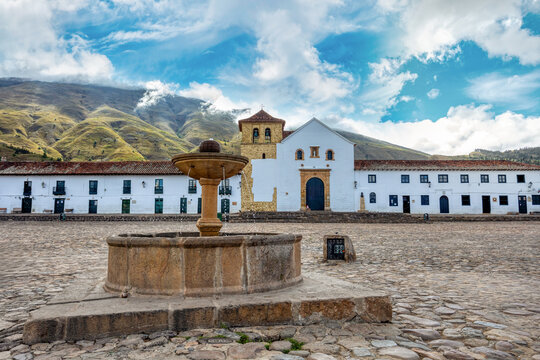 Villa de Leyva, colonial town known for Plaza Mayor, largest stone-paved square in South America, cobblestone streets, whitewashed buildings and historical UNESCO architecture. Boyaca, Colombia.