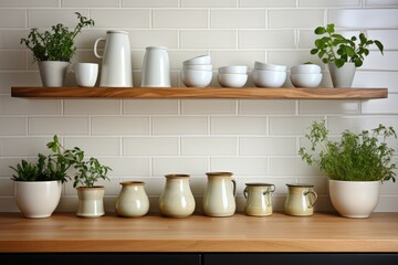 kitchen utensils on the shelves white wall minimalist design professional advertising photography