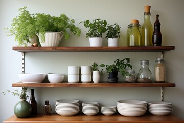 Fototapeta na wymiar kitchen utensils on the shelves white wall minimalist design professional advertising photography
