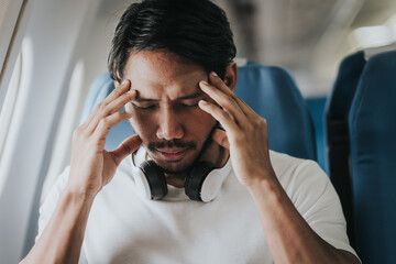 Asian male traveler on an airplane, appearing to have a headache or discomfort, showing a moment of...