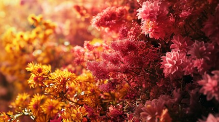 Fototapeta na wymiar Autumn background with colorful chrysanthemum flowers and sunlight