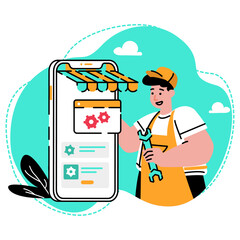The merchant is configuring his virtual store on the e-commerce platform illustration