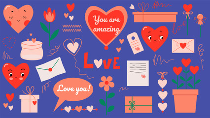 Big vector set with a lot of cute elements for 14 february design 