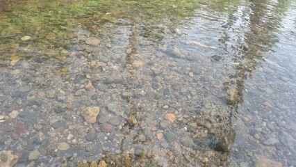 A shallow river and some river rocks. Shining colorful stone pebbles underwater. Under clear turquoise water through the stream on the pebbles. Background or texture.