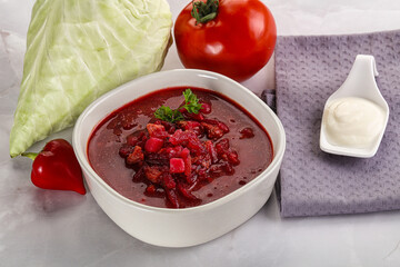 Borsch soup with cabbage and beetroot