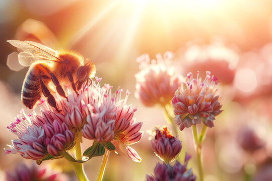 banner Micro shot photo of bee on the flower in sunlight at sunset