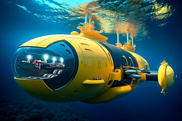 Small yellow submarine on the dive. Submarine explore underwater life. - obrazy, fototapety, plakaty