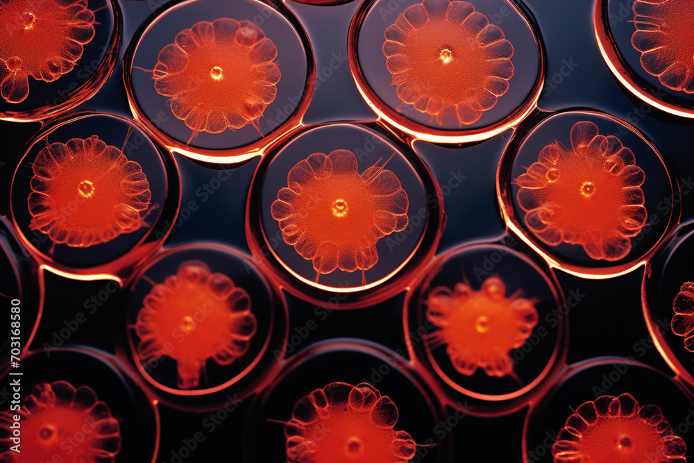Poster minimalistic representation of microscopic cells for articles in cell biology and microbiology.