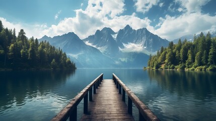 Wooden Dock on a Serene Lake with Majestic Mountains - obrazy, fototapety, plakaty