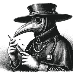 Plague doctor with bird mask and hat. Vector black vintage engraving illustration isolated on a white background. Hand drawn design element for poster quarantine coronavirus