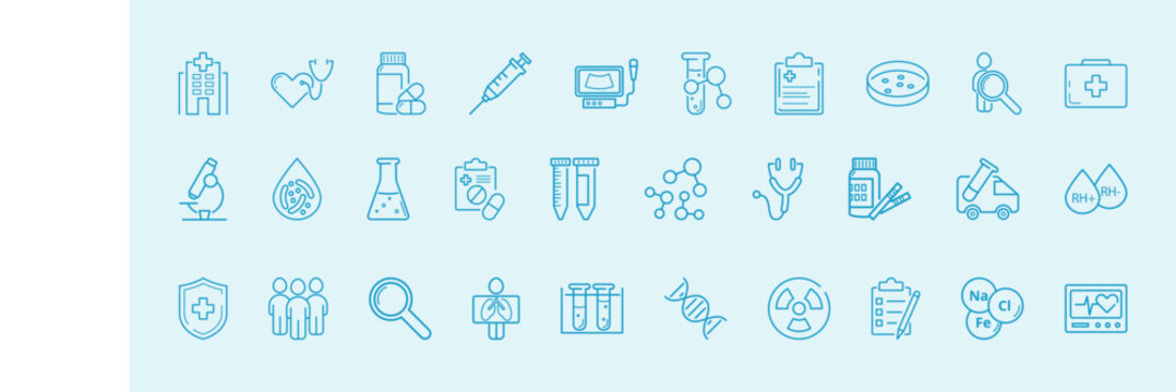 Clinical trials, medicine, pharmacology, health care line icon set in blue. Cardiogram, ultrasound, stethoscope, heart, blood, Rh, syringe, micronutrients, genetic test vector illustration.
