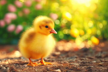 The duckling is standing on green grass on a spring sunny day