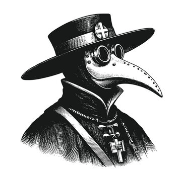 Plague Doctor With Bird Mask And Hat. Vector Black Vintage Engraving Illustration Isolated On A White Background. Hand Drawn Design Element For Poster Quarantine Coronavirus