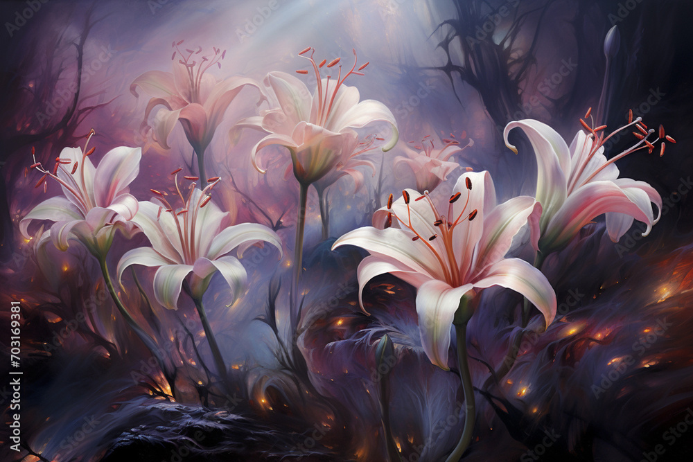 Aufkleber abstract portrayal of ethereal lethal lilies, emanating an otherworldly and toxic aura.