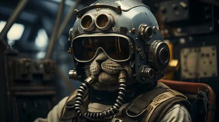 Fotobehang A cat wearing a pilot helmet and goggles sits in a cockpit. © duyina1990